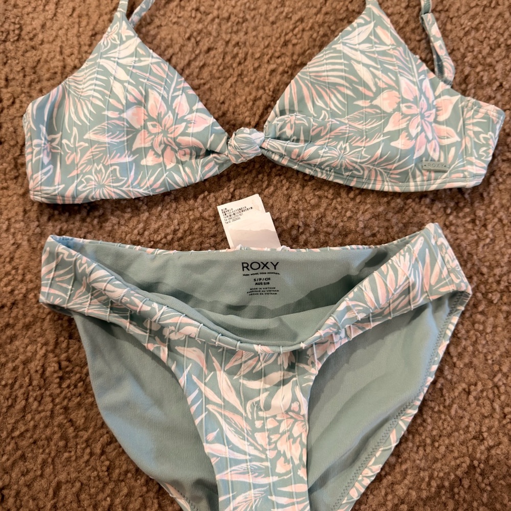 Roxy Floral Triangle Bikini in Seafoam Green and Pale Pink